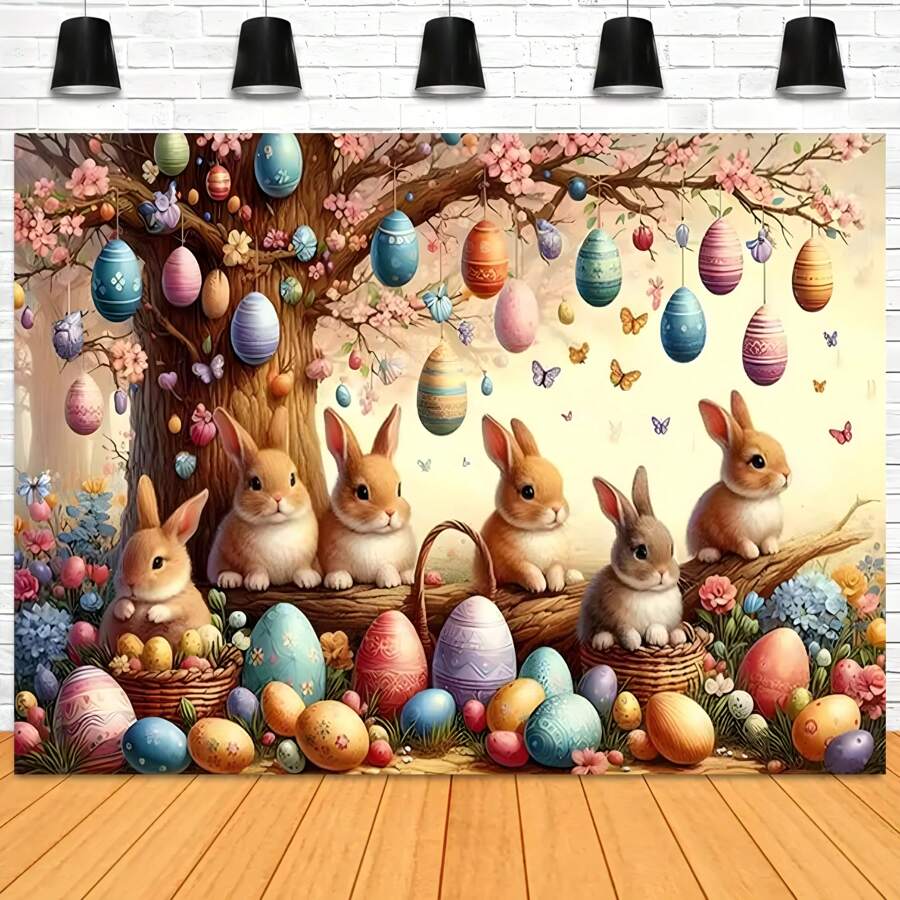 复活节快乐背景布料彩蛋兔子蝴蝶设计装饰复活节派对背景横幅彩蛋派对装饰背景照片展位道具乙烯基