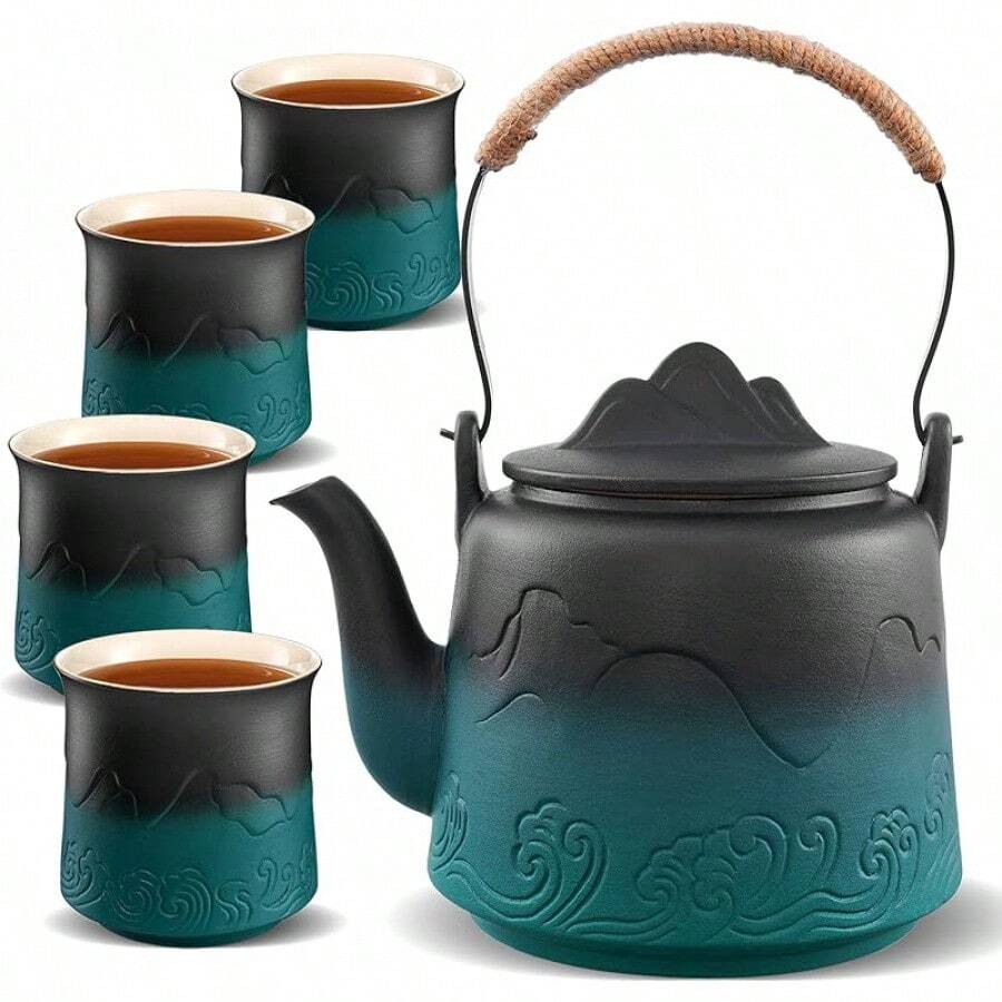 Vintage Japanese Tea Set, 33.8 Oz Gradient Embossed Ceramic Japanese Teapot With Built-In Strainer For Tea Steeper, Black & White