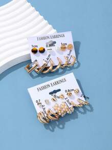 24pcs Simple Rhinestone Faux Pearl Metal Geometric Earrings Earrings Women's Vacation Date Gifts Daily Matching - Yellow Gold - View 6