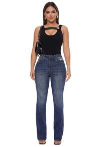 Plus Size Women Straight Leg Jeans High Rise Slit Hem Bootcut Stretchy Denim Pants Casual Daily