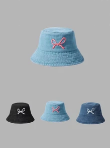 1 pieza Sombrero de cubo con bordado de lazo de moda para primavera/verano - Adecuado para el hogar, salidas, viajes, vacaciones, playa y uso diario