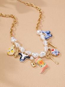 1 Chiếc Vòng Cổ Quyến Rũ Mùa Hè Cho Nữ Giày Cao Bồi Khóa Trái Tim Vòng Cổ Thánh Giá, Vòng Cổ Hạt Ngọc Trai Giả Cho Nữ Trang Sức Boho - Nhiều màu - Xem 7