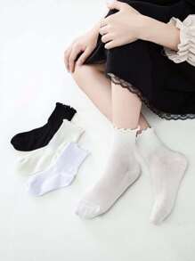 3 Pairs Mesh Princess Ruffles Mid-Calf Socks, Comfortable Breathable School Socks For Kids, Spring/Summer