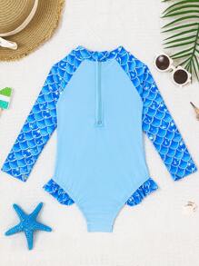 1pc Girls' Round Neck Long Sleeve Zipper Mermaid Scale Print Swimsuit - Royal Blue - View 2