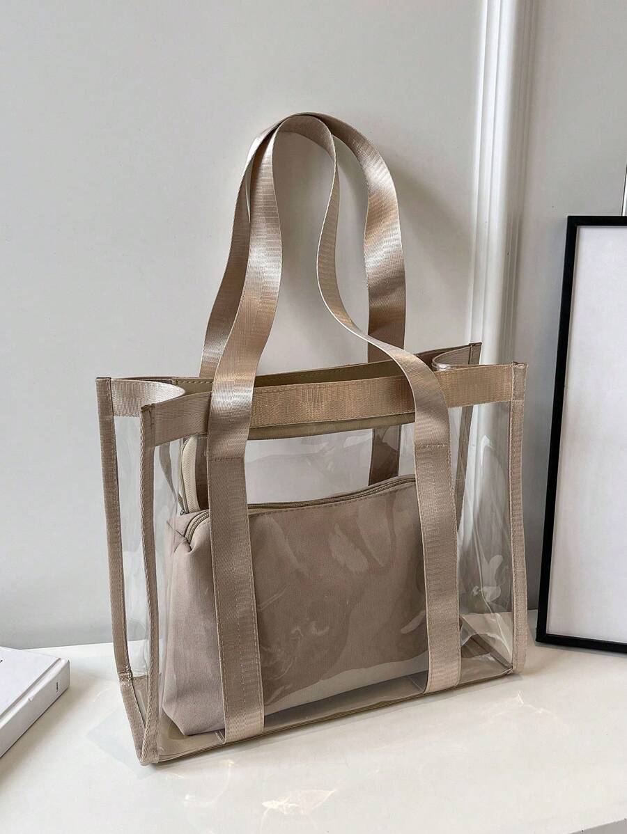 PVC Transparent Tote Bag For Women, Large Capacity Shoulder Bag For Daily Use & Commute - Khaki - View 1