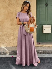 Women A-Line Ruched Linen-Like Texture Dress - Dusty Purple - View 4