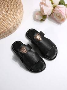 动物图案装饰绑带凉拖鞋,儿童轻便休闲室内/室外拖鞋,男女通用夏季新款时尚人字拖 - 黑色 - 查看 3