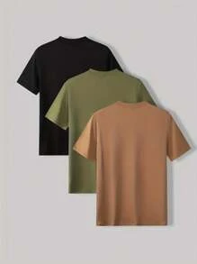 Kit de 3 camisetas Básicas casuais de manga curta e gola redonda Unissex, em tecido sólido algodão, roupas de verão - Verde Militar - Visão 2