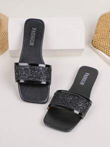 女士平底休闲沙滩凉鞋，亮黑色露趾一脚蹬拖鞋 - 黑色 - 查看 10