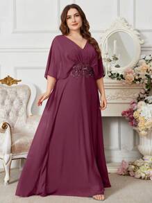 Vestido de Cóctel de Gasa UNITHORSE Talla Grande con Cuello en V, Manga Murciélago, Bordado Frontal & Decoración con Cuentas - Rojo violeta - Ver 5