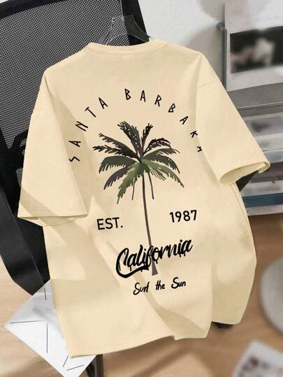 青少年男孩休闲简约加州棕榈树图案，上面印有“Santa Barbara EST 1977”。休闲图案套头衫。夏季短袖 T 恤