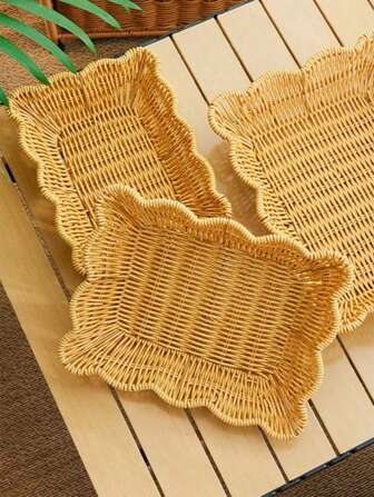 1pc Multifunctional Oval-Shaped Woven Storage Basket - Plastic Rattan Design, Suitable For Storing Fruits, Snacks, Utensils, Fresh Flowers And Miscellaneous Goods, Shelf Decor, Home Decor