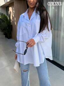 Plus Size Women's Solid Color Lapel Button-Up Shirt - White - View 4
