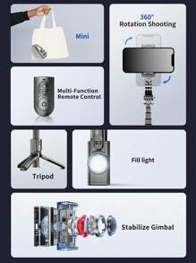 AXNEN Gimbal Stabilizer With Extendable Selfie Stick Tripod, With Fill Light And Wireless Remote Control, Compatible With Smartphones - Black and White - View 5