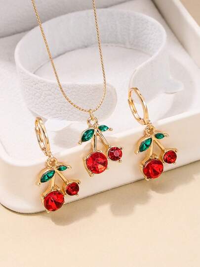 1 juego de collar y aretes con temática de cerezas en estilo dulce Ins, apto para uso diario, regalo, novia, chica dulce, citas, uso en fiestas