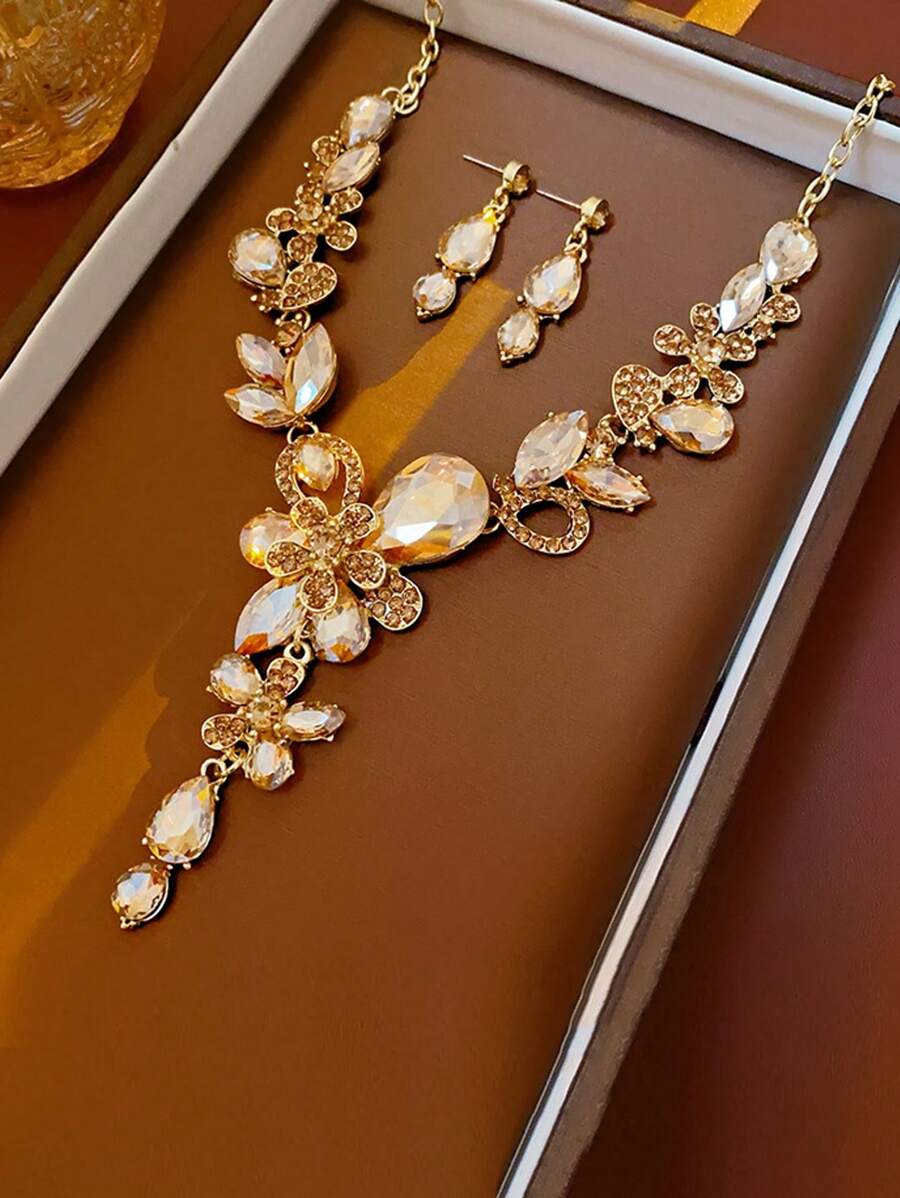 1 Set Of 2pcs Elegant Rhinestone Flower & Water Drop Necklace & Earrings Jewelry Set For Women - Gift - Evening Formal - Champagne - View 1