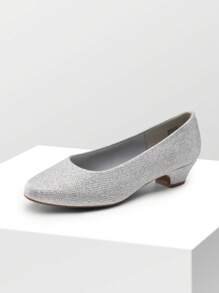Women's Wide Fit Low Chunky Heel Pump Elegant Solid Color Shoes - Metallic Silver - View 3