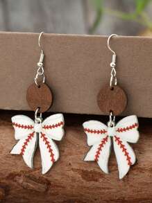 1 Pair Acrylic Softball Printed Bow Earrings, Cute Sports Style Small Earrings For Women