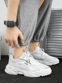 Men's Black & Grey Leather Mesh Patchwork Design Comfortable Breathable Sneakers, Fashionable Casual Outdoor Sports Shoes