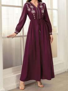 Womens Caftan Dress Abaya Robe Long Sleeve V Neck Graphic Print Zip Up Loose Kaftan Dress - Purple - View 5