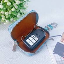 Car Key Bag Uniform Car Key Storage Bag Creative Keychain Blingbling Car Key Protector Secure Zipper Closure Protector Stylish Waist Pocket Car Key Protector Unisex For Women Mini Wallet,1pc Black & Gold PU Leather Car Key Case - Multicolor - View 8