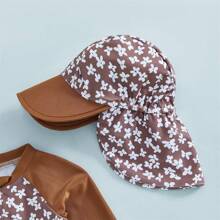 Toddler Baby Girl One Piece Swimsuit UPF 50+ Sun Protection Long Sleeve Rash Guard Bathing Suit Swimwear Sunhat Set - 棕色 - 查看 4