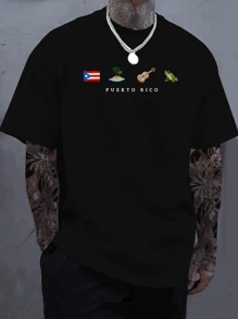 Men's Puerto Rico-Inspired Cotton T-Shirt - Black With Cultural Symbols, Comfortable & Breathable, Casual Round Neck Short Sleeve Tee, Ideal For Casual Attire & Gifts For Valentine's Day Or Father's Day, Gift Tshirt | Puerto Rico Theme | 100% Cotton Shirt