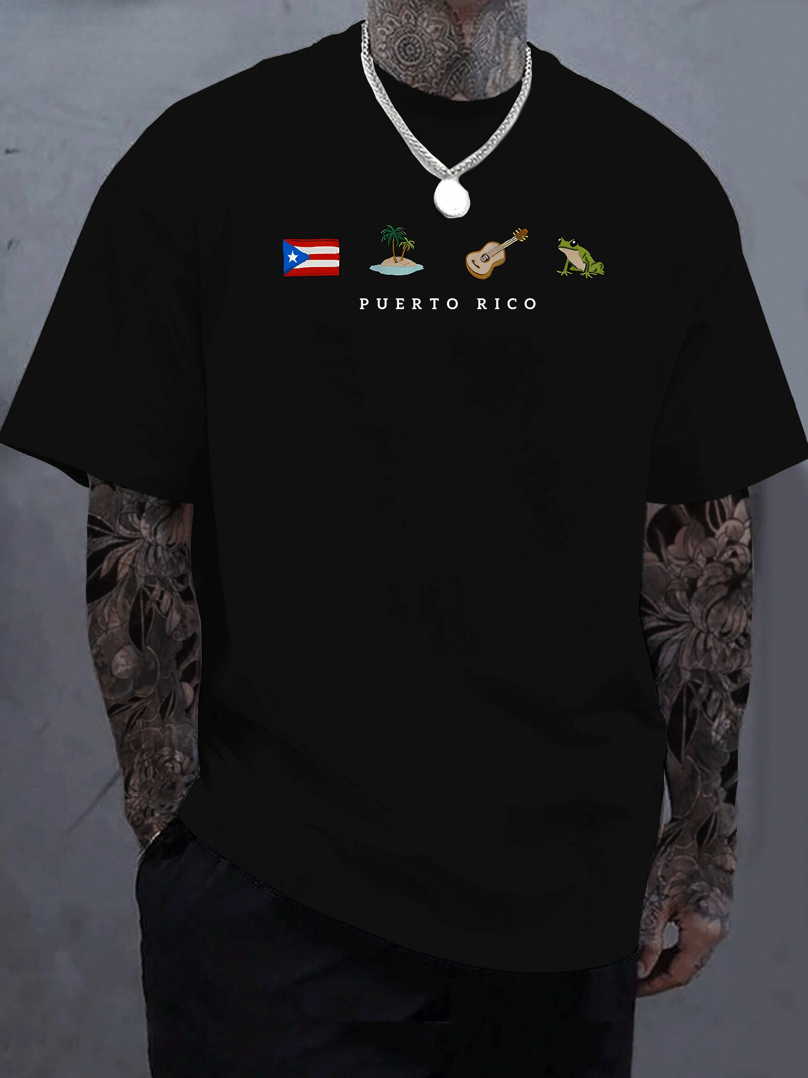 Men's Puerto Rico-Inspired Cotton T-Shirt - Black With Cultural Symbols, Comfortable & Breathable, Casual Round Neck Short Sleeve Tee, Ideal For Casual Attire & Gifts For Valentine's Day Or Father's Day, Gift Tshirt | Puerto Rico Theme | 100% Cotton Shirt