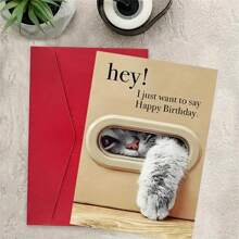 Adorable Cat Birthday Greeting Card - "Hey! Just Wanted To Wish You A Happy Birthday" Message, Includes Envelope, Cartoon Animal Themed, Tactile, Suitable For Any Recipient, Birthday Card