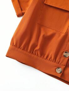 Ladies' Casual Lightweight Solid Color Single-Breasted Short Sleeve Cropped Top, Spring/Summer - Orange - View 7