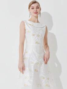 Heavily Embroidered Organza Jacquard Sleeveless Cocktail Dress For Women, Party Dress