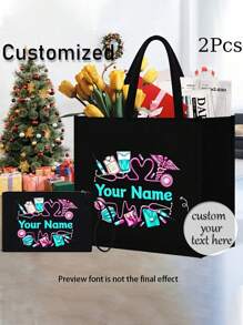 Customized Name NURES Element Tote Bag And Makeup Pouch Set, Women'S Linen Large Capacity Handbag, Shopping Bag, Portable Casual Storage