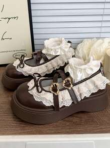 Damen Retro Mary Jane Schuhe, Dicke Plateau-Keilabsätze, Schleifenverzierung, modische vielseitige Freizeitschuhe