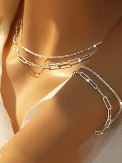 2st 925 Sterling Silver Elegant Delikat Dubbel Glittrande Halsband Och Armband För Dam Smycken Present Födelsedagspresent Fest Present Dagligt Klädsel