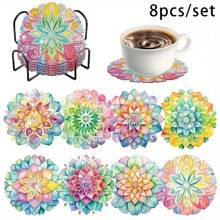 8pcs/Set Diamond Painting Lotus Pattern Coaster Set, Sparkling Rhinestone Heat-Resistant Beverage Coasters With Holder, DIY Coasters Crafts Supplies, Gifts For Beginners & Adults