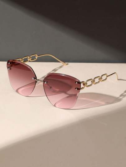 1 Stück Damenbrillen mit rosa geometrischem Farbverlauf-Glas, randlos, Metallkette, elegant, filigran, modisches Design, für Straßen-Schnappschüsse, Bankette, Hochzeiten, Urlaubsoutfits, Ausgehmodeaccessoires für den Sommer, Strand, Outdoor und Reisen