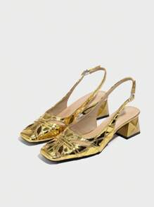 Women's Metallic Gold French High-End Medium Heel Roman Shoes, Hollow-Out Closed Toe Summer Retro Low Vamp Shoes, Square Toe Thick Heel Round Toe Designer High Heel Shoes, Non-Slip Strap Sandals