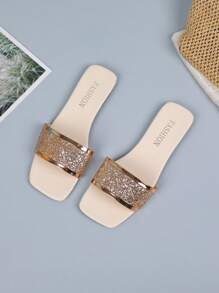 Women's Rose Gold Round Toe Slide Sandals, Casual Beach Flat Flip Flops