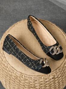 女士方头金属扣拼布平底鞋，复古风格百搭方头软底芭蕾平底鞋