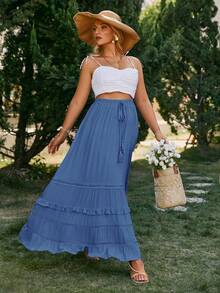 Simplee Plus Size Waist Knot Ruffle Trim A-Line Skirt, Casual Resort Wear - Blue - View 3