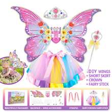 Conjunto de disfraz de hada ángel para niños - Incluye mochila con alas de mariposa luminosas, falda, corona, varita mágica; Alas de hada eléctricas, alas de ángel; Disfraz para representaciones, fiestas, cumpleaños, regalos para niñas