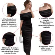 Vestido de noche formal para mujer, elegante, con hombros descubiertos, sin mangas, con abertura alta, fruncida,Vestido largo de satén con hombros descubiertos y espalda fruncida para mujer, sin tirantes, sin mangas, ajustado para dama de honor