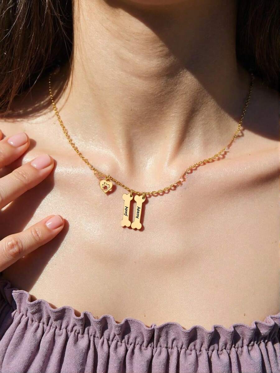 1 Pc Charm Engraved Heart Dog Claw Name Necklace,Personalized Dog Bone And Claw Memorial Necklace Jewelry,Engraved Pet Family Name Pendant,Minimalist Stainless Steel Necklace Gift For Pet Lovers,Friendship Gift,Valentine's Day Gift,Birthday Gift,Party Gift - Rose Gold - View 1