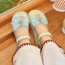 Layered Bowknot Design Pearl Decor Flat Sandals, Fairy Style Outdoor Slippers Suitable For Summer - Green - View 5
