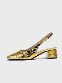 Women's Metallic Gold French High-End Medium Heel Roman Shoes, Hollow-Out Closed Toe Summer Retro Low Vamp Shoes, Square Toe Thick Heel Round Toe Designer High Heel Shoes, Non-Slip Strap Sandals