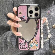 GUCADI 1 st. Zwarte Kat & Ster Decoratieve Spiegel Harde Telefoonhoes met Liefdeskralen Lanyard, Compatibel met 16/15/14/13 Serie, Schattig Cartoon Kattenontwerp, Niche Stijl