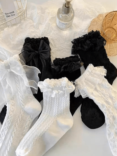 1/2/3/6 Pairs Lace Trim Cable Knit Lolita Mid-Calf Socks