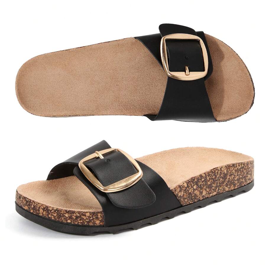 Women's Adjustable Cork Footbed Slippers - Open-Toe Sandals With Stylish Buckle Design