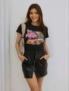 Camiseta con gráfico de coche y letra - Negro - Ver 4