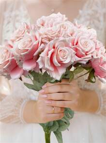 9 Heads Roses Artificial Silk Flowers, Fake Roses With Long Stems Realistic Faux Rose Bouquets For Wedding Decorations Bridal Shower Centerpieces Floral Arrangements Party Home Table Decor Valentine'S Day Gift Party Birthday,Mother'S Day Gift - 粉色 - 查看 2
